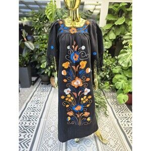 Vintage 1970s Mexican Hand-Embroidered Folk Dress Brown Cotton Maxi Boho Fringe